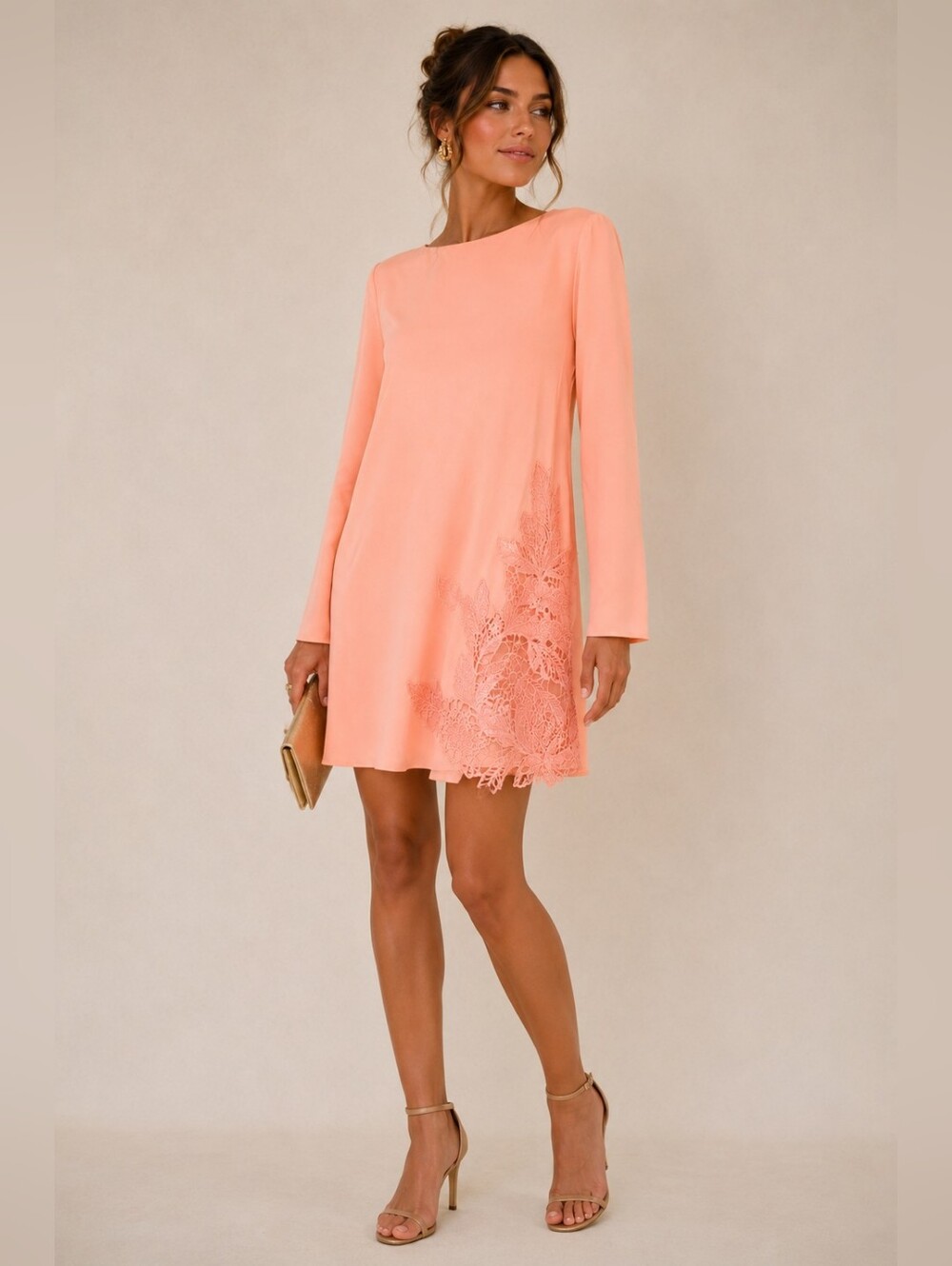 Marciano Peach Shift Dress with Floral Cutwork Hem – Resort Cocktail Event Dress